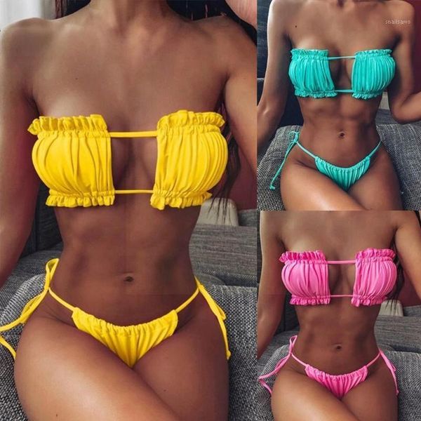 

women's swimwear 2021 bikini set pleated tube swimsuit double and fabric mini multi-color thong beachwear c6k1, White;black