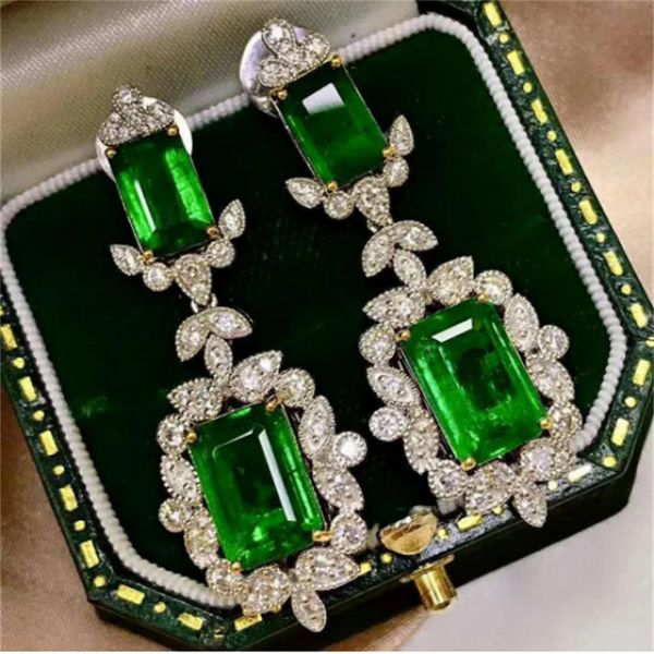 

vintage court earring lab emerald zircon 925 sterling silver fine party wedding drop earrings for women bridal gemstones jewelry, Golden;silver