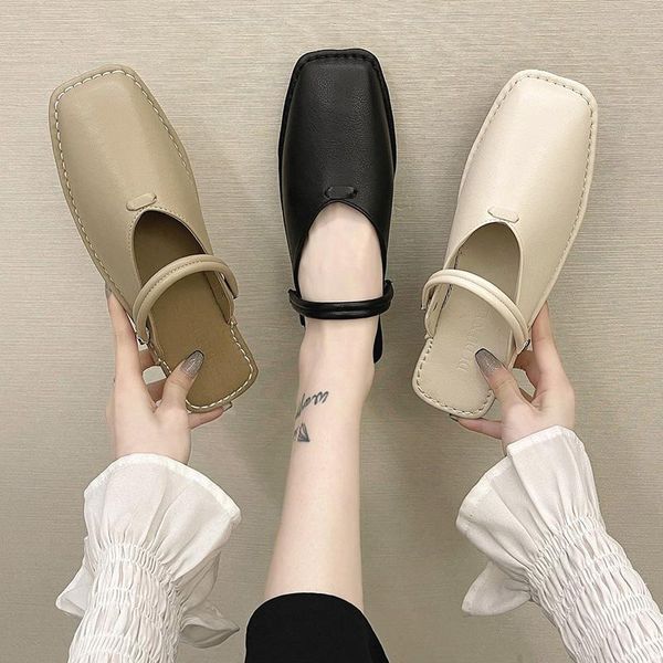 

shoes womens slippers outdoor loafers pantofle slides female mule cover toe fashion 2021 mules luxury flat pu basic rome retro, Black