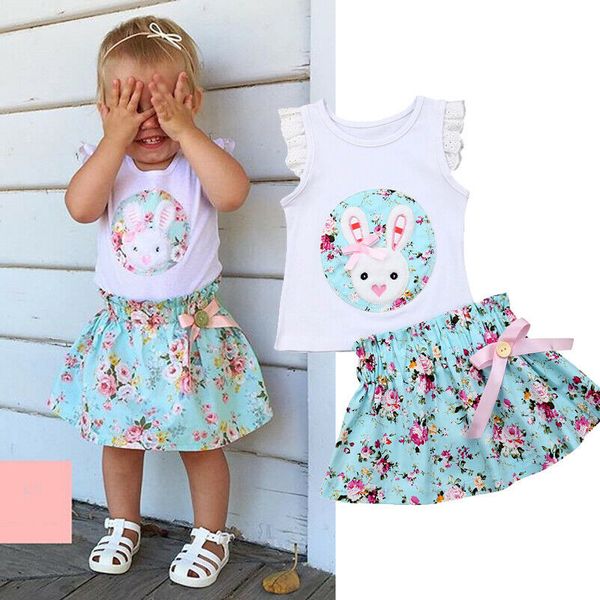 

2pcs toddler baby girl cute clothes sets ruffle lace sleeve rabbit floral print skirt easter outfits set, White