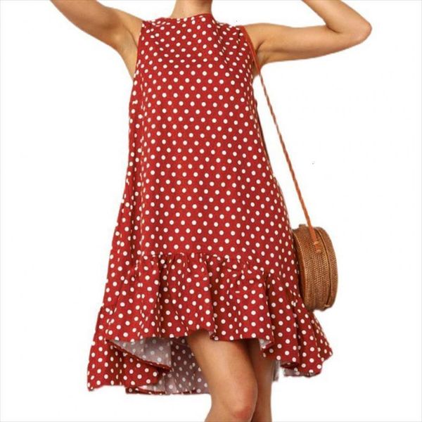 

dot print ruffle hem sleeveless womens dress o neck mini sundress for shopping, Black;gray