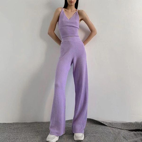 

tianluo australia niche 2021 summer women's pants set, knitted suspender solid color vest + high waist slim wide leg tracksuits, Gray