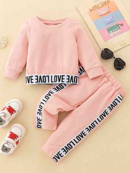 

baby contrast letter tape pullover & pants she, White