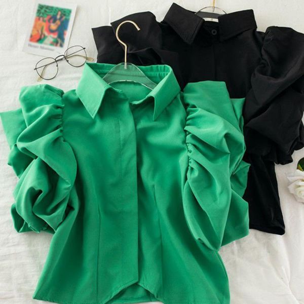

women's blouses & shirts 2021 summer temperament elegant retro solid color lapel puff sleeve blouse fashion design simplicity japanese, White