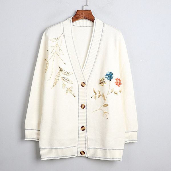 

knits women long sweater coat autumn winter white colored beaded v-neck single breasted knit cardigan overcoat