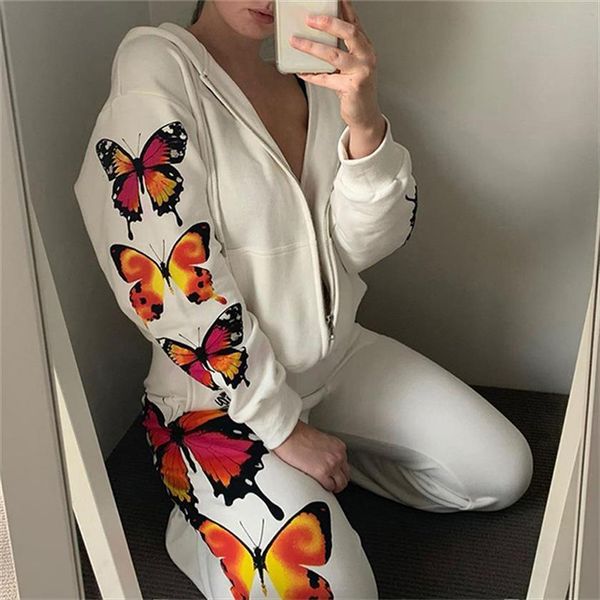 

2pcs tracksuit butterfly printed womenpant sport set clothes zipper up hooded coats pants fashion streetwear, White