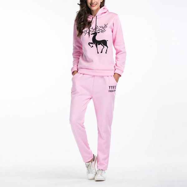 

two piece dress gryffon 2021 autumn winter women's suit christmas printing solid color long sleeve loose hooded sweatshirt+trousers 2pc, White