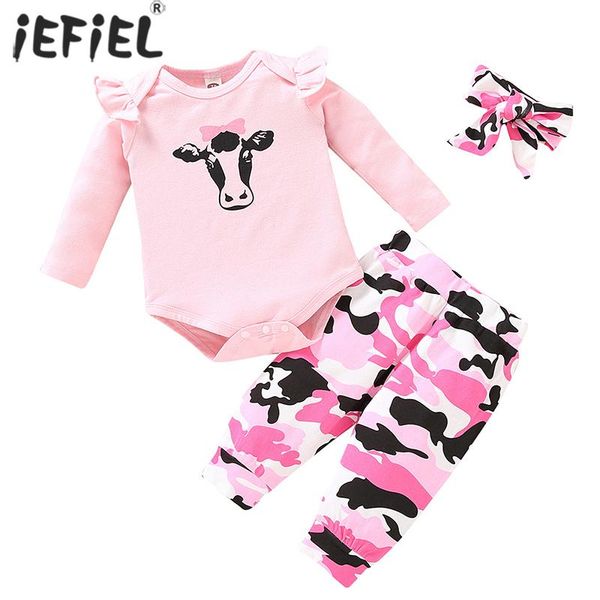 

baby girls cow clothes set born infant print long sleeve romper bodysuit +camouflage pants 0-18 months clothing sets, White