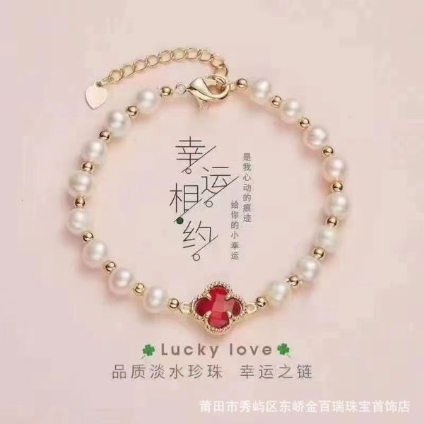 

natural freshwater pearl bracelet women's crystal clover bracelet fashion versatile hand jewelry activity gift, Golden;silver