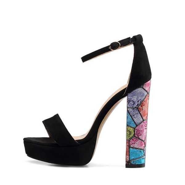 

women shoes platform ankle buckle black sandals coloful print chunky heels consice woman wedding dress plus size 43