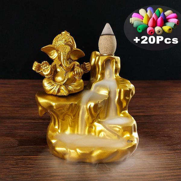 

fragrance lamps golden backflow incense burner with ganesha statues buddha elephant god resin stick holder cone censer home decoration