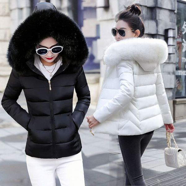 Moda Black White Womens Winter Jacket Plus Tamanho 6XL Casaco de Inverno Fêmea Parkas Destacável Grande Pele Com Capuz Curto Curto Outwear