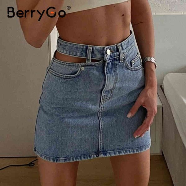 

berrygo hollow washed denim skirt woman high waist asymmetric button short female fashionable streetwear summer s 210513, Black