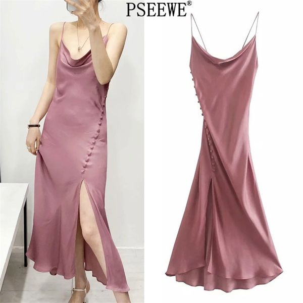 Rosa Satin Camisole Midi Kleid Frauen Sommer Dünne Träger Rückenfrei Sexy Party Kleider Frau Saum Vents Lange 210519