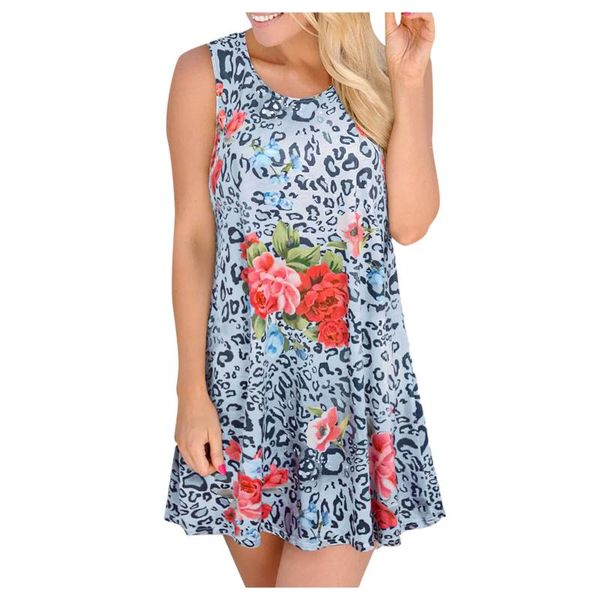

casual dresses woman o-neck summer sleeveless flower print with pockets beach a-line mini dress elegance tunics sundresses women, Black;gray