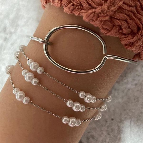 

link, chain 2 pcs/set women bracelets set fashion multilayer pearl round geometric bracelet sweet lady wedding jewelry silver color, Black