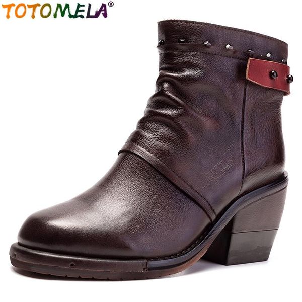 

boots totomela nature full genuine leather women round toe platform vintage ankle rivets ladies shoes, Black