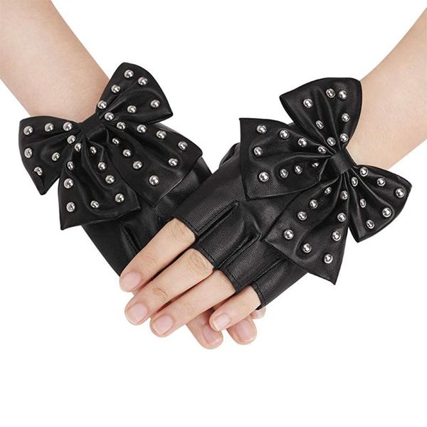 

sports gloves half finger dancing women ladys girls black pu leather bow knot rivet punk rock lolita gothic cosplay party club costume