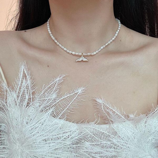 

design natural pearl fish tail zircon choker necklaces for women fashion 14k gold beaded pendant necklace korean jewelry chokers, Golden;silver