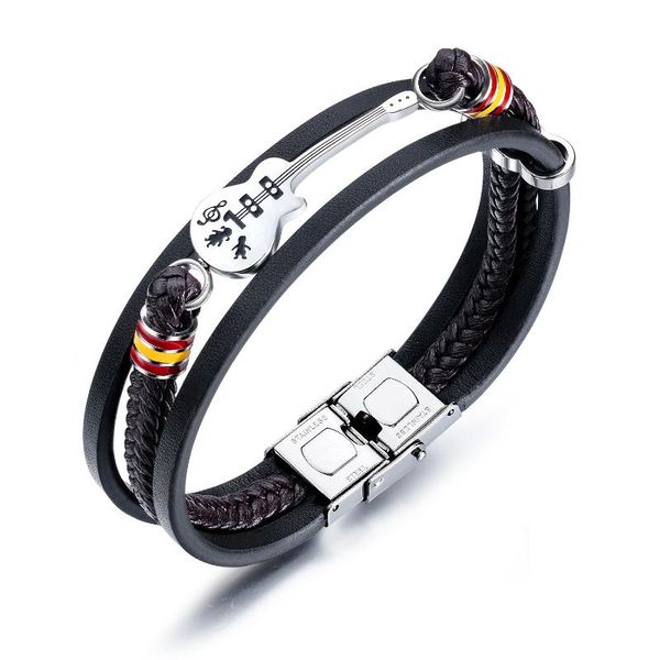 

punk style men's leather guitar bracelet multi-layer woven rope for his boyfriend stainless steel bangle charm bracelets, Golden;silver