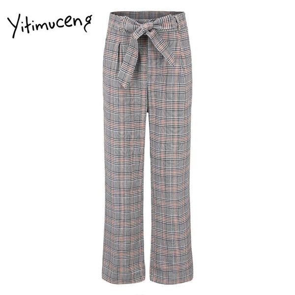 

women's pants & capris yitimuceng plaid 2021 high waist wide leg women elegant fashion casual office lady bow female korean trousers, Black;white