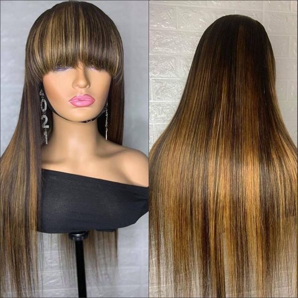 

lace wigs bang cut highlight brown blonde 13x4 front for black women silky straight remy hair 360, Black;brown