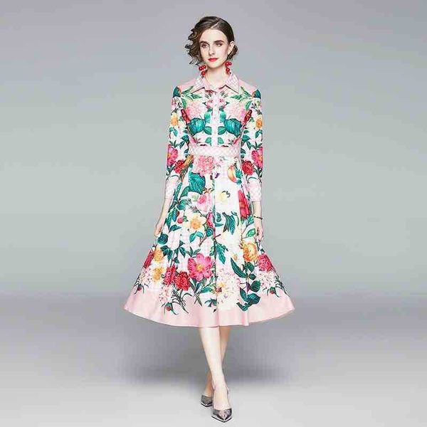 

spring fall long sleeve lapel printted shirt dresses women black pink plaid floral printed elegant vintage mid dress 210525, Black;gray