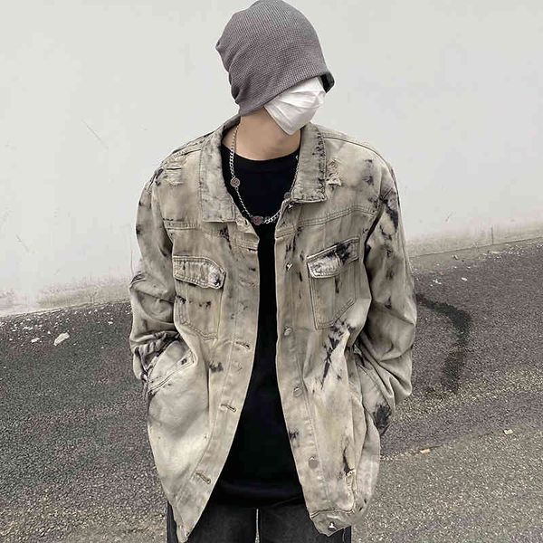 

high street washing old tie dyed denim et men's ins super fire fried street ruffian handsome couple casual coat trend, Black
