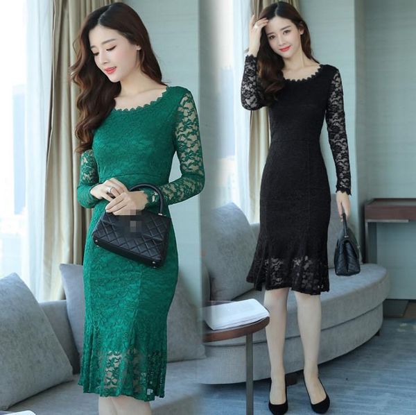 

elegant fashion women package hip dress long sleeve black lace slim fishtail fw277 casual dresses, Black;gray