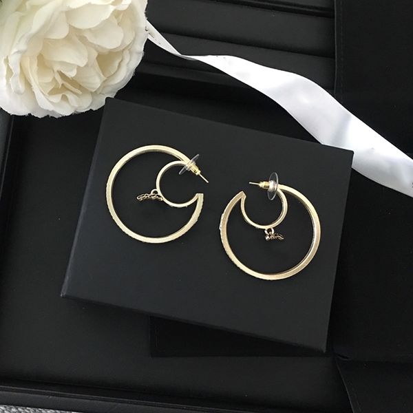 

l0-c25 women's stud moon ring hoop earrings 925 silver needle classic double letter logo with box, Golden;silver