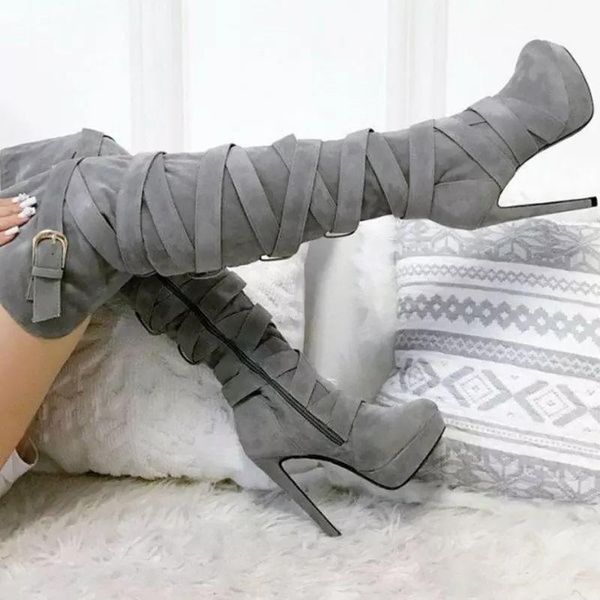 

boots women shoes thigh high winter platform heels ladies long buckle cross strap punk female over the knee, Black