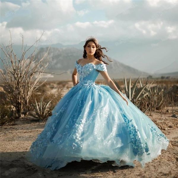 Hellhimmelblaues Quinceanera-Kleid, 3D-Blumen, Ballkleid, schulterfrei, Kristallperlen, Korsettrücken, bodenlang, Sweet 16, Übergröße, Party, Abschlussball