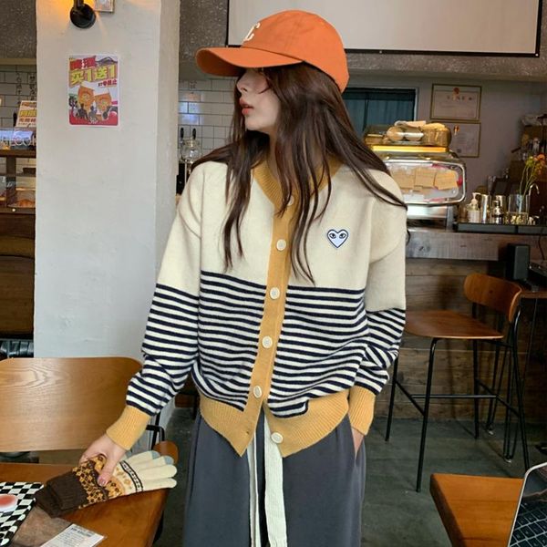 

women's knits & tees round neck cardigan loose striped sweater jacket lazy wind jacket., White