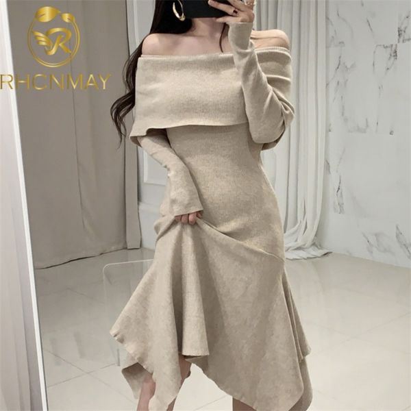 

women autumn slash neck long sleeve ruffle hem sweater dress slim waist irregular elastic knitted dresses 210506, Black;gray