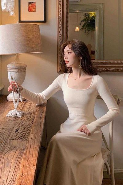 

casual dresses temperament dress autumn and winter gentle style to wear square neck knitted sweater base long skirt avdc, Black;gray