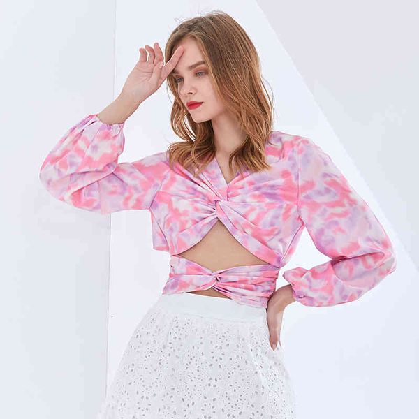 

hoodie hollow out short blouse for women v neck lantern long sleeve backless print shirt female fashion clothing 2021, Black