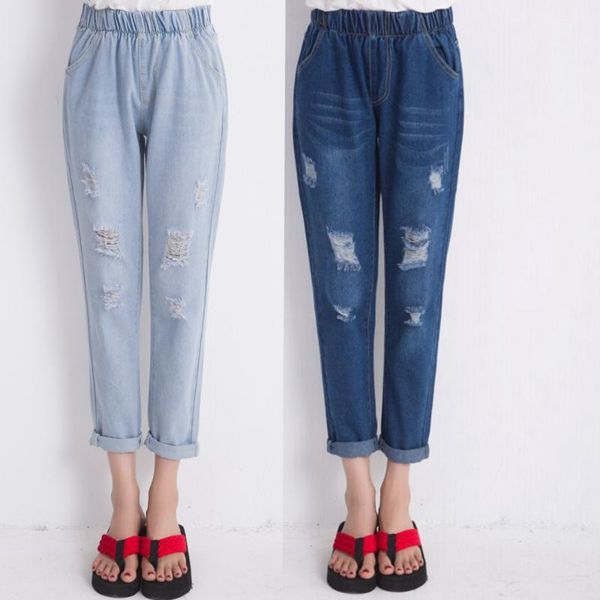 

women's jeans ripped women 2021 summer autumn distressed boyfriend casual high waist loose straight leg pants plus size, Blue