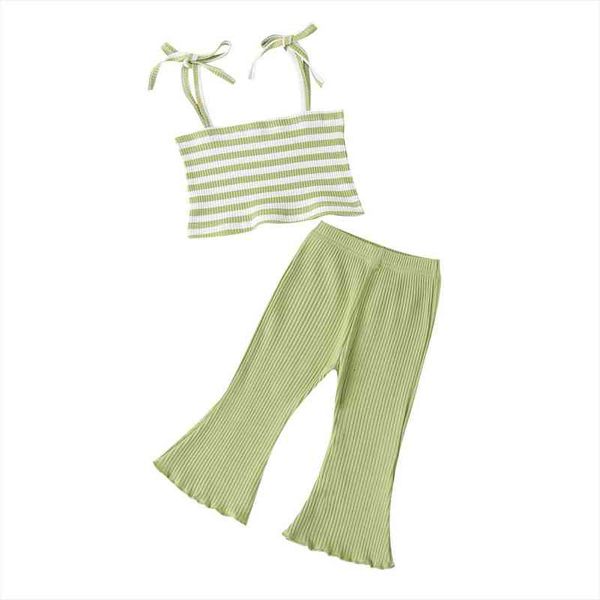 

toddler baby stripe printing two-pieces set infant girls square collar sleeveless sling elastic long pants set, White