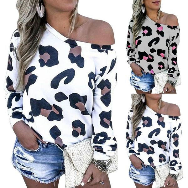 

women's t-shirt women 2021 spring one shoulder casual loose t-shirts skew neck long sleeve leopard pattern print slim pullovers, White