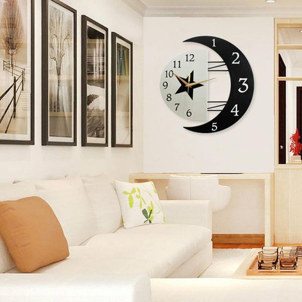 

creative star moon wall clock wood quartz watch nordic hanging home decoration clocks