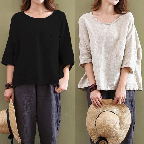 

women's blouses & shirts round neck blouse 3/4 sleeve summer ladies casual loose cotton solid color shirt plus size handsome fashion sh, White