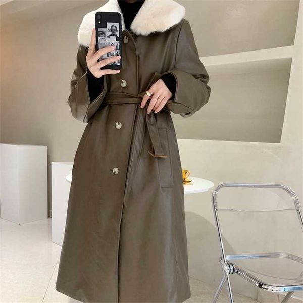 

lmq winter women faux rabbit fur windproof thick warm pu leather belt parkas long coats jackets leisure streetwear 211215, Black