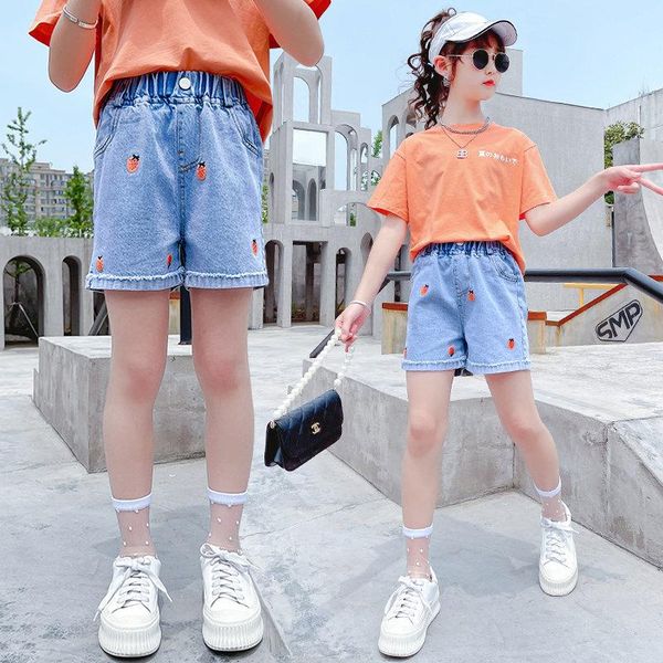 

girls denim shorts korean style summer strawberry pattern short pants kids casual clothes children's for teen 4-13y, Black