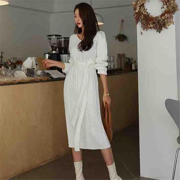

casual dresses twisted v-neck sweater dress women with belt korean knitted long midi white elegant autumn winter pullovers b399, Black;gray