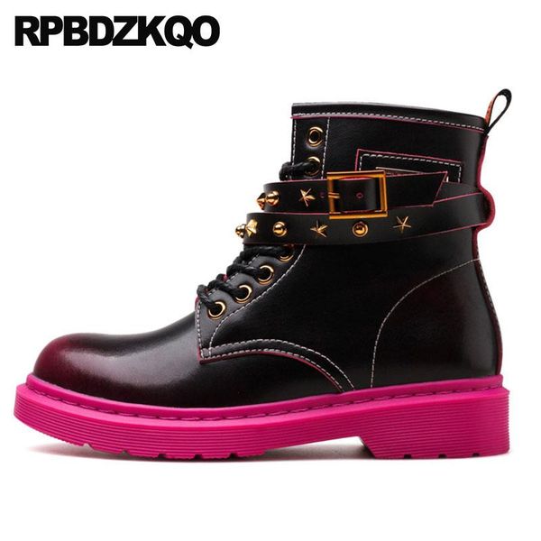 

boots chunky motorcycle front lace up casual ankle autumn women military rivet stud shoes booties wine red combat spike biker, Black