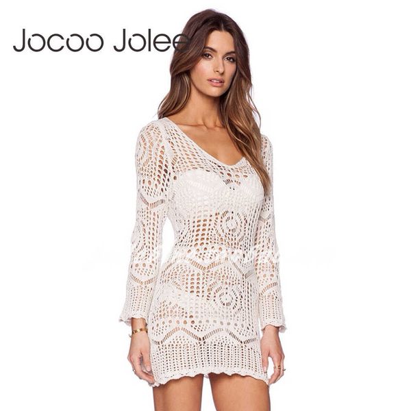 

jocoo jolee deep v-neck hollow out women dress for long sleeves high waist lace hem summer beach wearing dress 210619, Black;gray