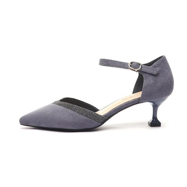 

sandals brand women summer shoes buckle strap pointed toe flock 5cm thin high heels fashion size 35-42 black gray