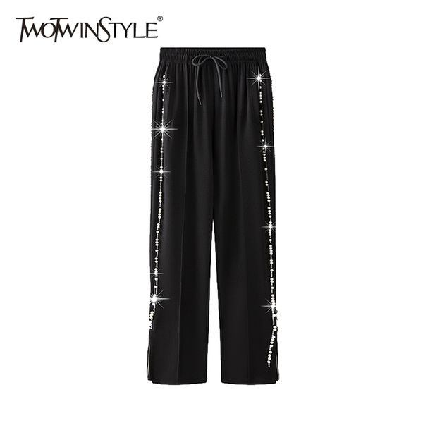 

casual loose black trousers for women high waist drawstring straight wide leg pants females spring fashion 210521, Black;white