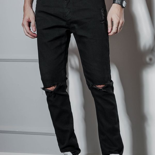 

jean british european and american high street hip-hop male personality triangle hole black jeans long thin feet pants 4re2, Blue