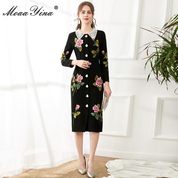 Modedesigner Kleid Frühling Herbst Frauen Kleid Engel Knöpfe Rose Stickerei Bohren Schwarz Slim Elegante Kleider 210524